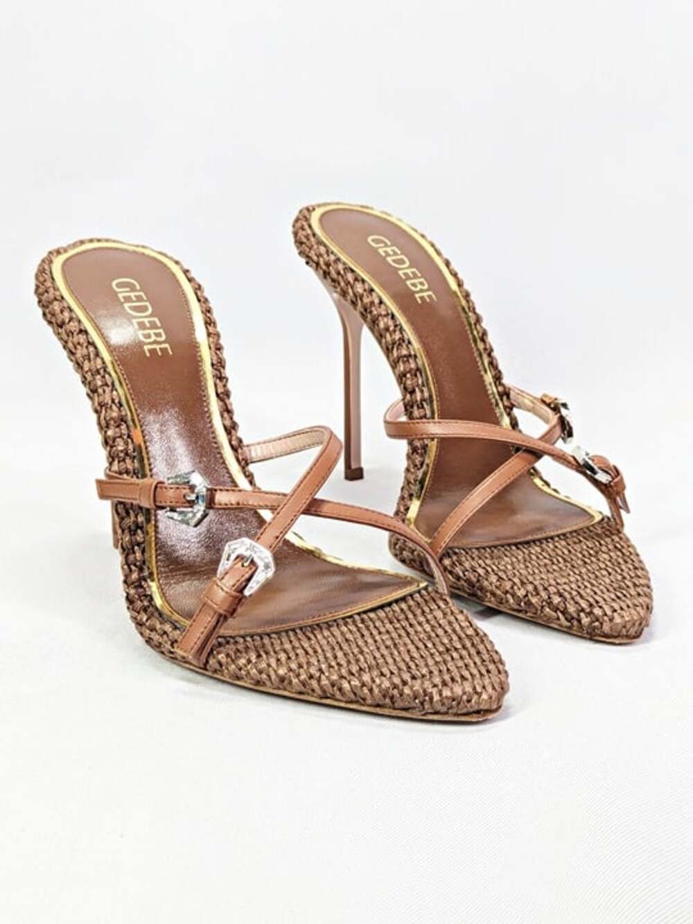 GEDEBE Womens Brown Straps Woven Jilla Pointed Toe Heel Sandal Size 39 MSRP $795